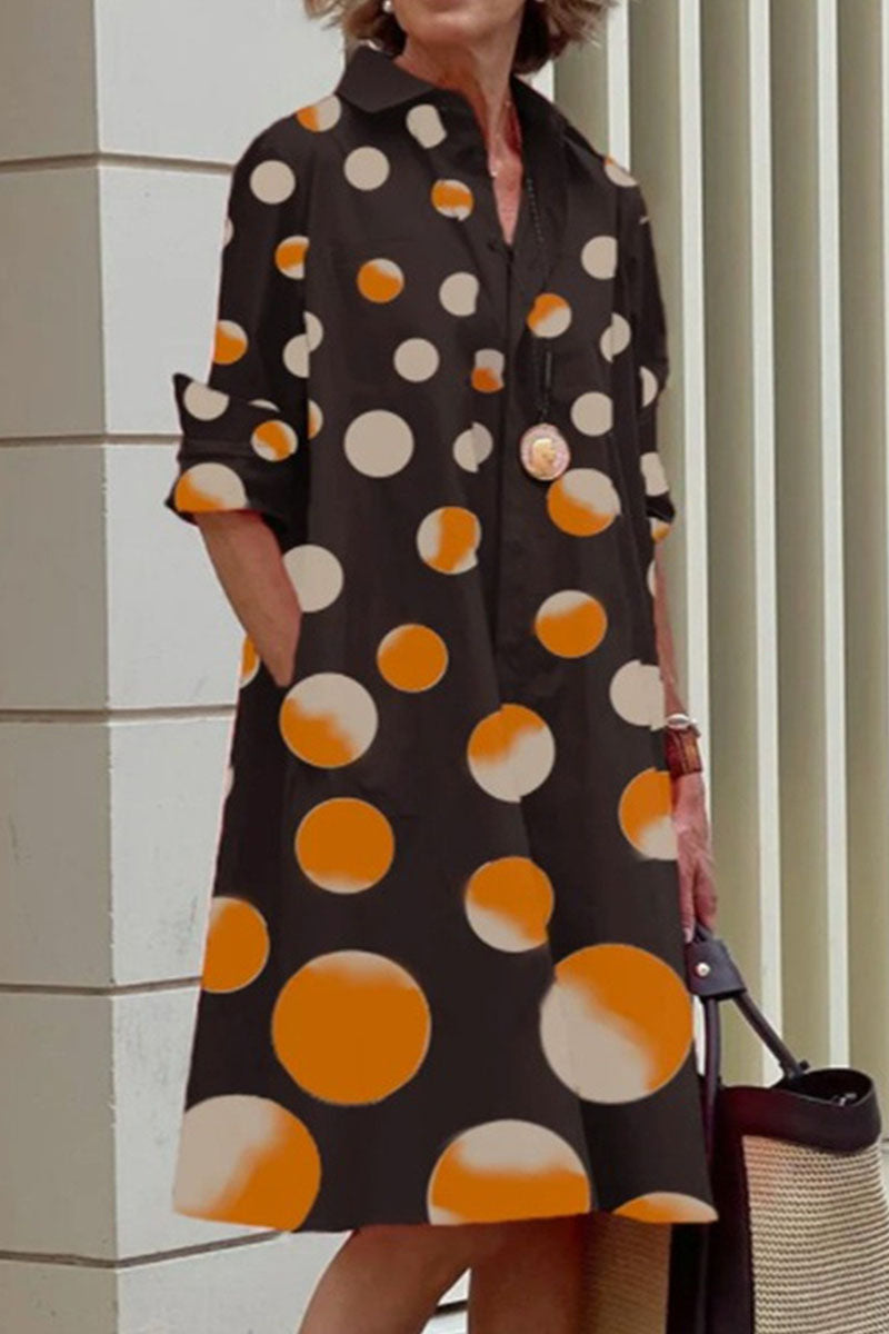 Casual Print Polka Dot Patchwork Buckle Turndown Collar Shirt Dress Dresses(16 Colors)