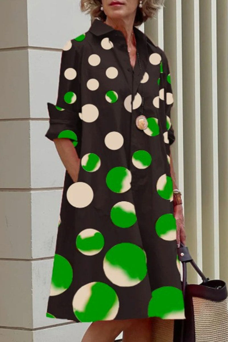 Casual Print Polka Dot Patchwork Buckle Turndown Collar Shirt Dress Dresses(16 Colors)
