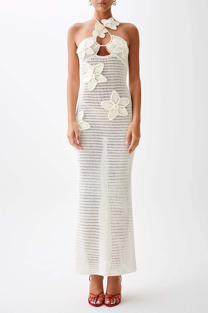 Sexy Solid Color Flowers Knit Halter One Step Skirt Dresses