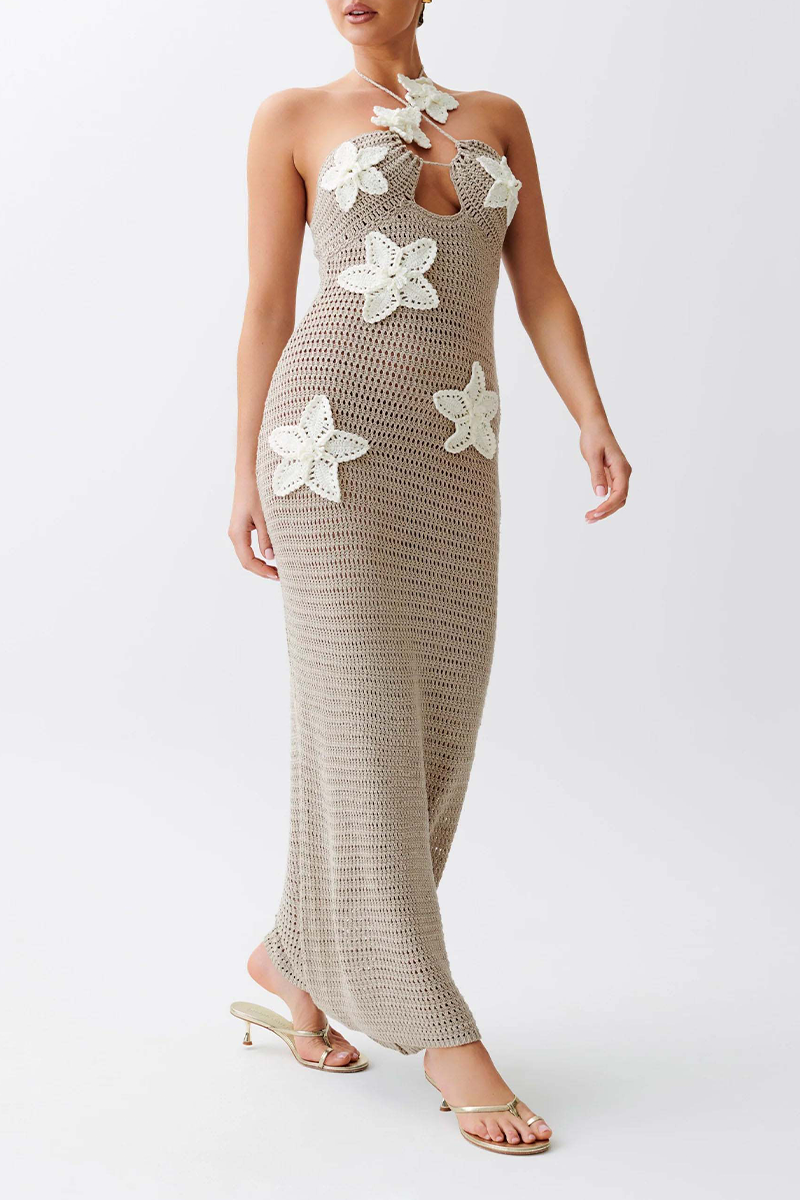 Sexy Solid Color Flowers Knit Halter One Step Skirt Dresses