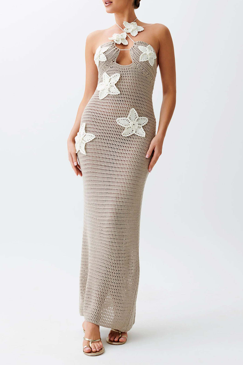 Sexy Solid Color Flowers Knit Halter One Step Skirt Dresses