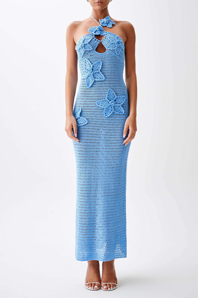 Sexy Solid Color Flowers Knit Halter One Step Skirt Dresses