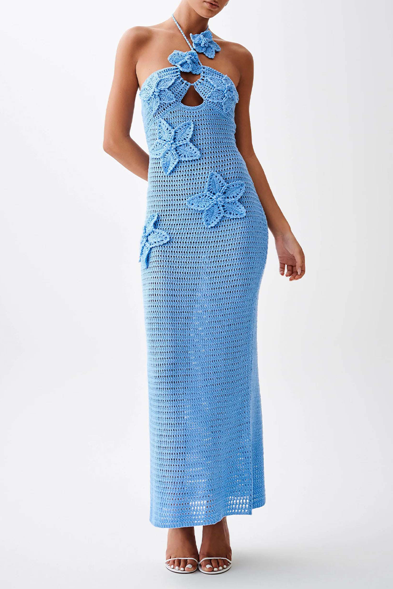 Sexy Solid Color Flowers Knit Halter One Step Skirt Dresses