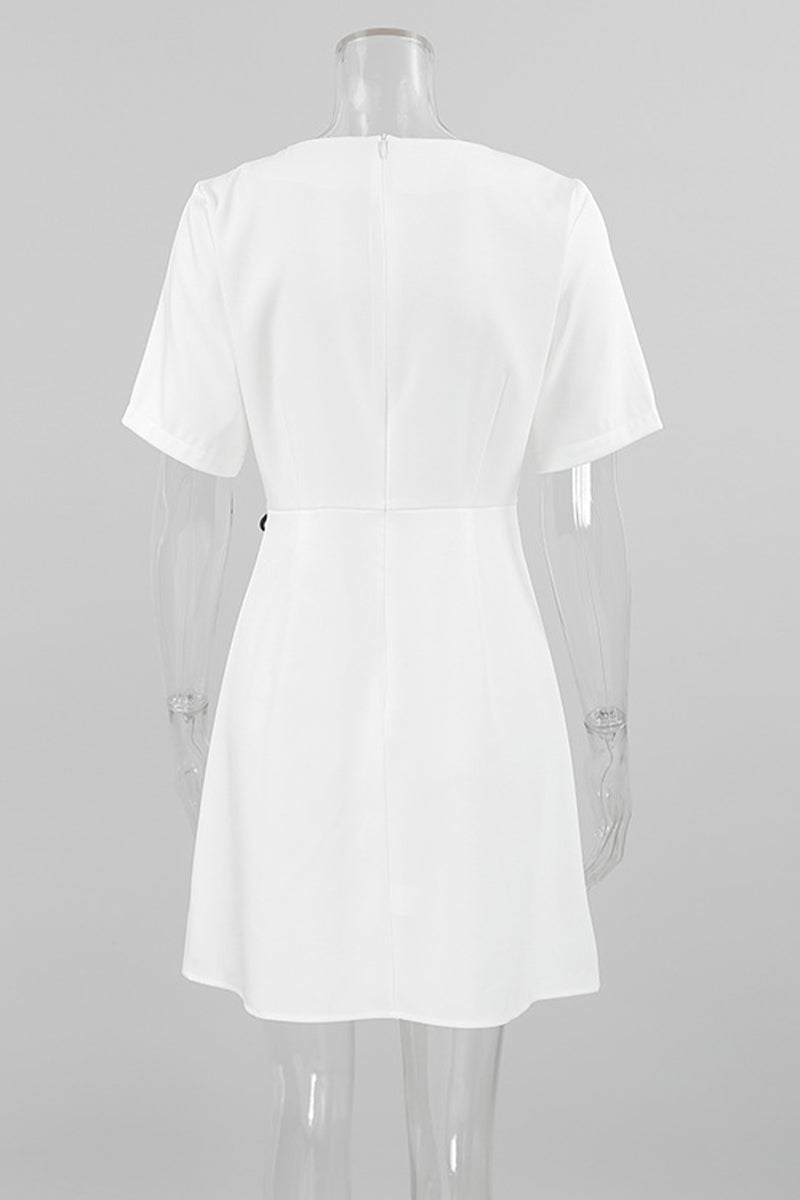 Daily Solid Color Slit Bow Decor O Neck Short Sleeve Short Sleeve Dress