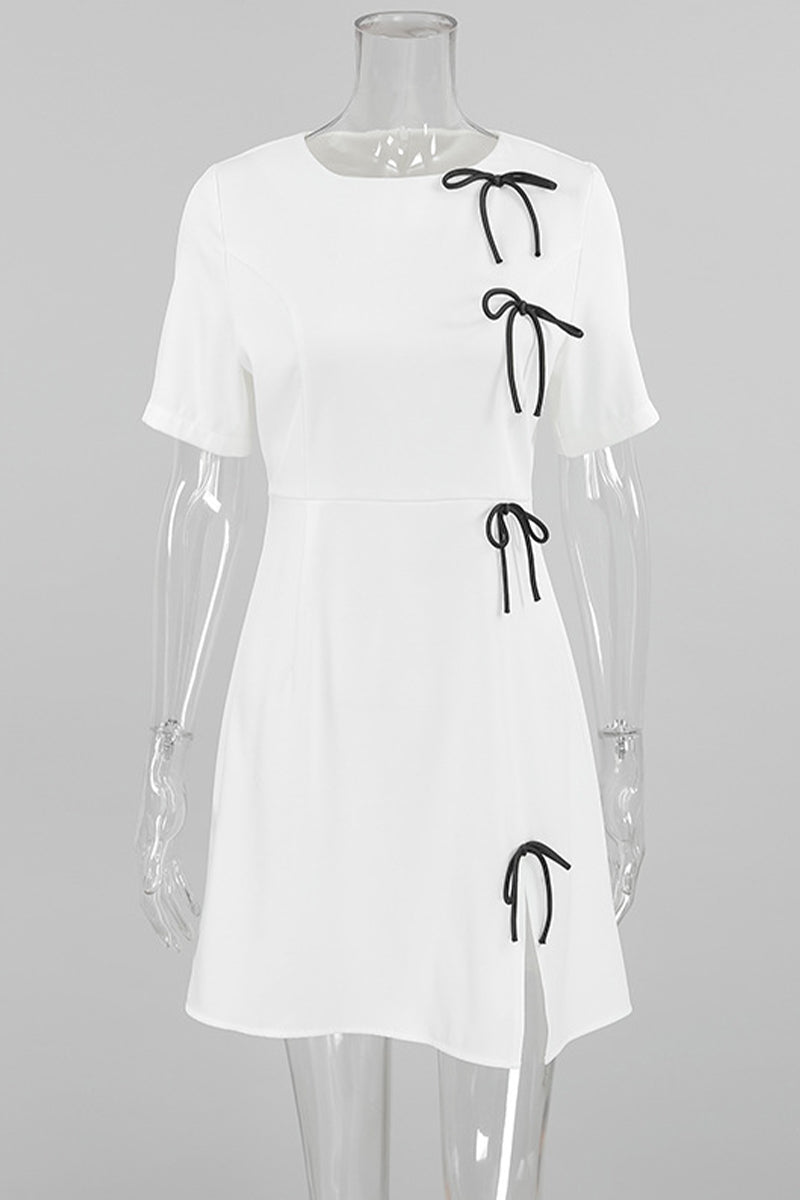 Daily Solid Color Slit Bow Decor O Neck Short Sleeve Short Sleeve Dress