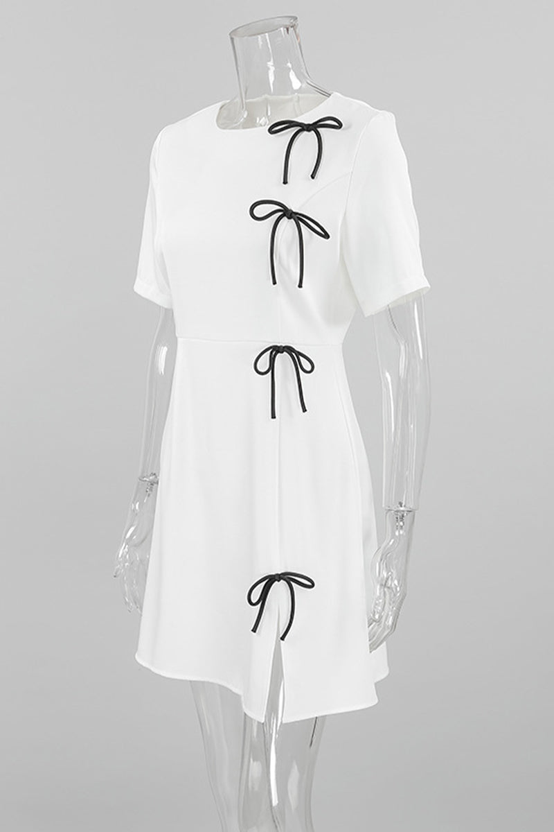 Daily Solid Color Slit Bow Decor O Neck Short Sleeve Short Sleeve Dress
