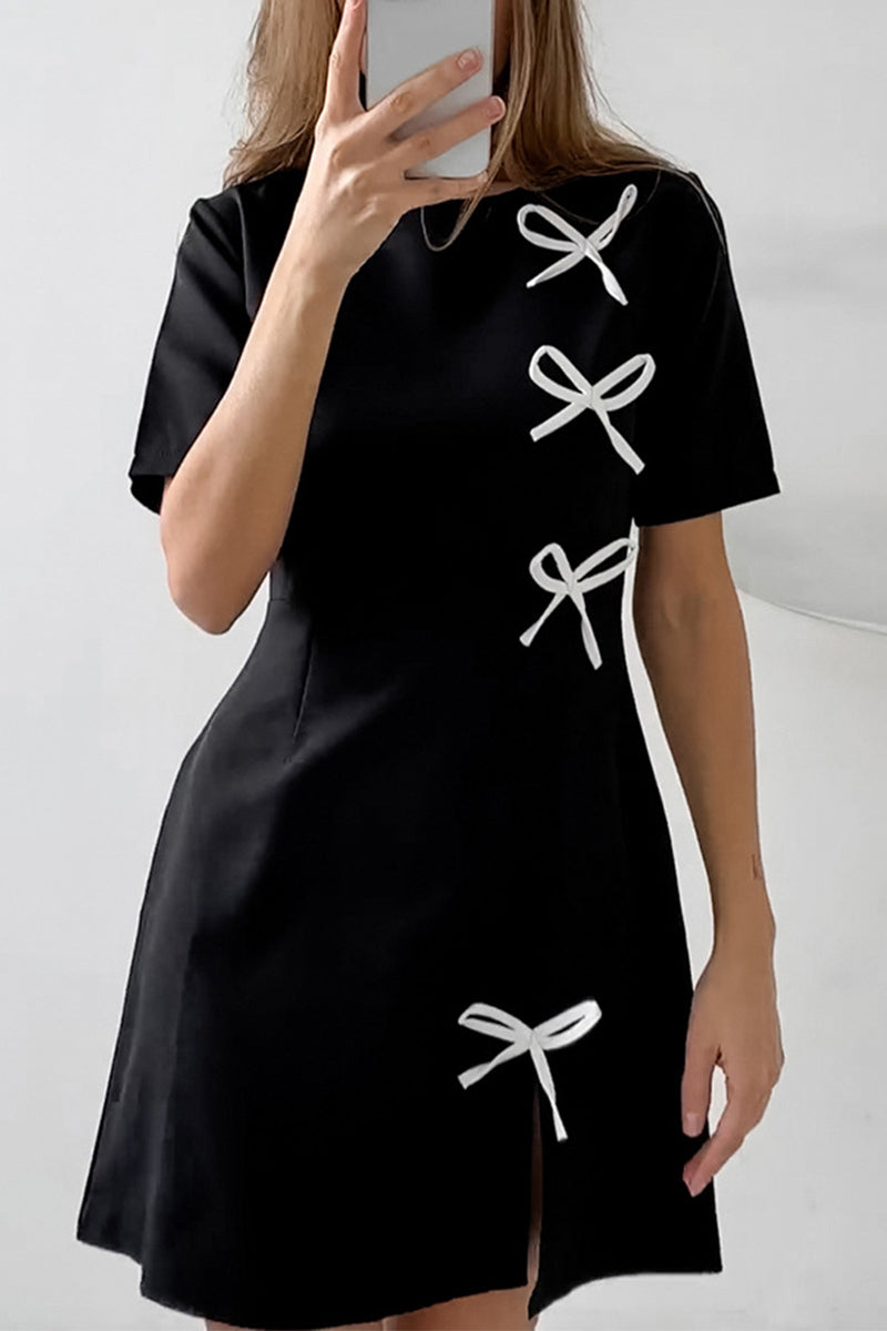 Daily Solid Color Slit Bow Decor O Neck Short Sleeve Short Sleeve Dress