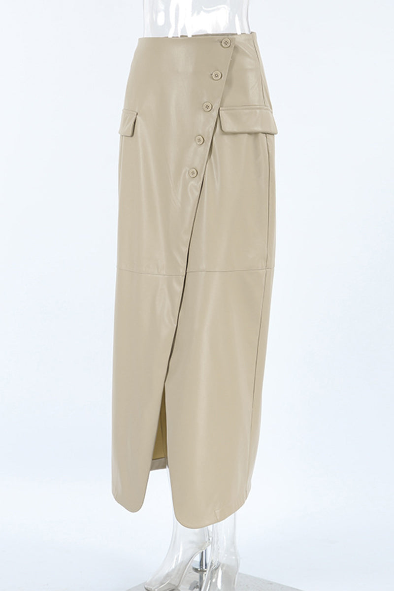 Daily Elegant Solid Color Buttons Slit High Waist Type A Solid Color Bottoms
