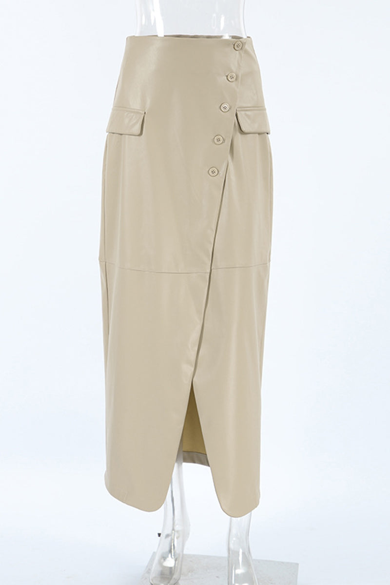 Daily Elegant Solid Color Buttons Slit High Waist Type A Solid Color Bottoms