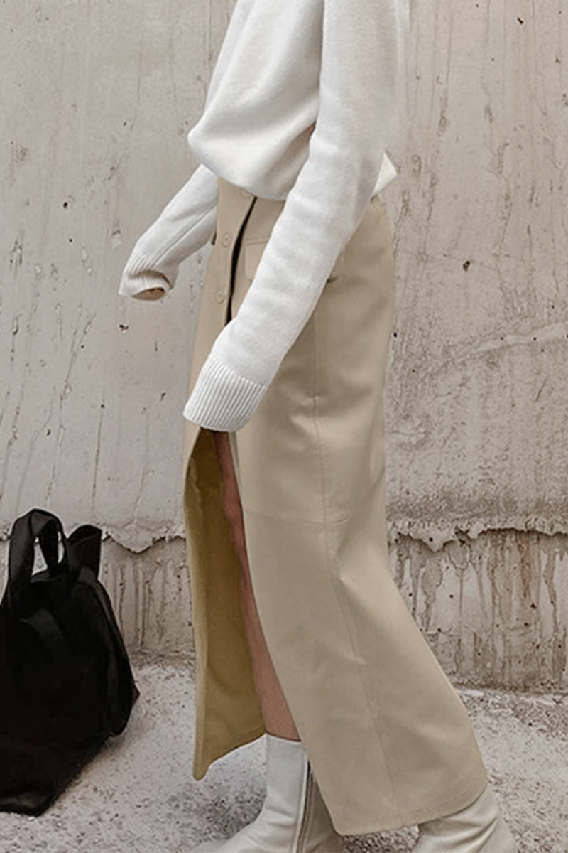 Daily Elegant Solid Color Buttons Slit High Waist Type A Solid Color Bottoms
