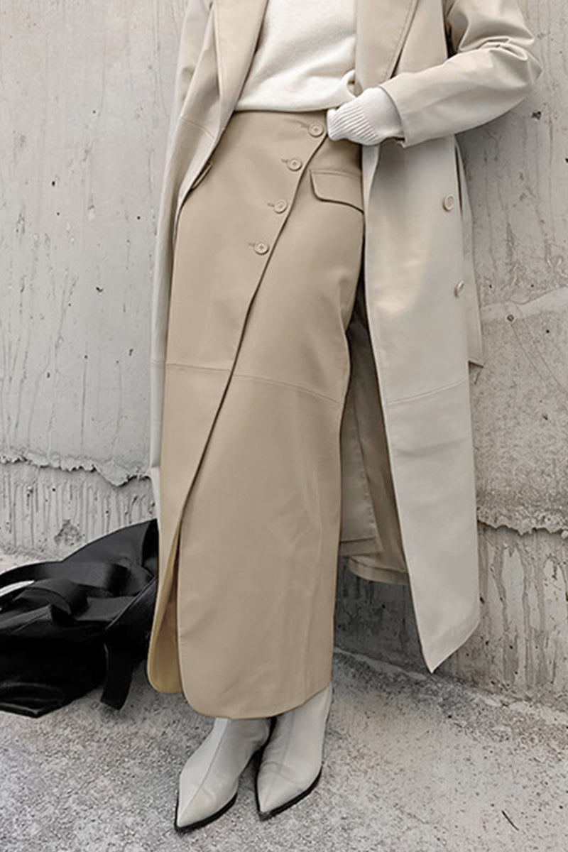 Daily Elegant Solid Color Buttons Slit High Waist Type A Solid Color Bottoms