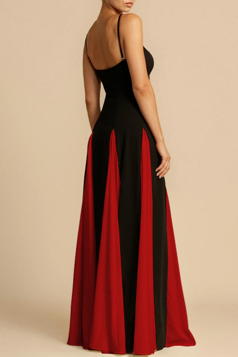 Casual Patchwork Backless Contrast Spaghetti Strap Long Dresses(4 Colors)