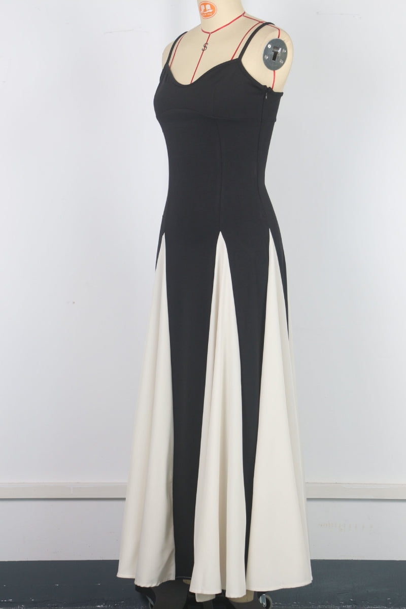 Casual Patchwork Backless Contrast Spaghetti Strap Long Dresses(4 Colors)