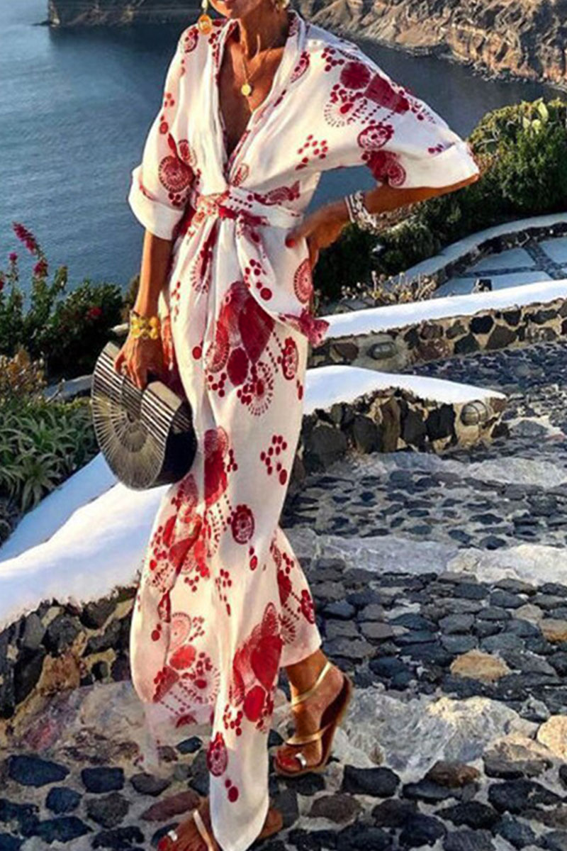 Fashion Bohemian Print Patchwork V Neck A Line Dresses