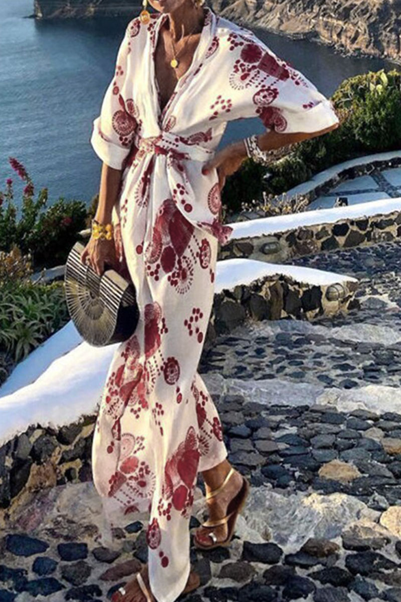 Fashion Bohemian Print Patchwork V Neck A Line Dresses