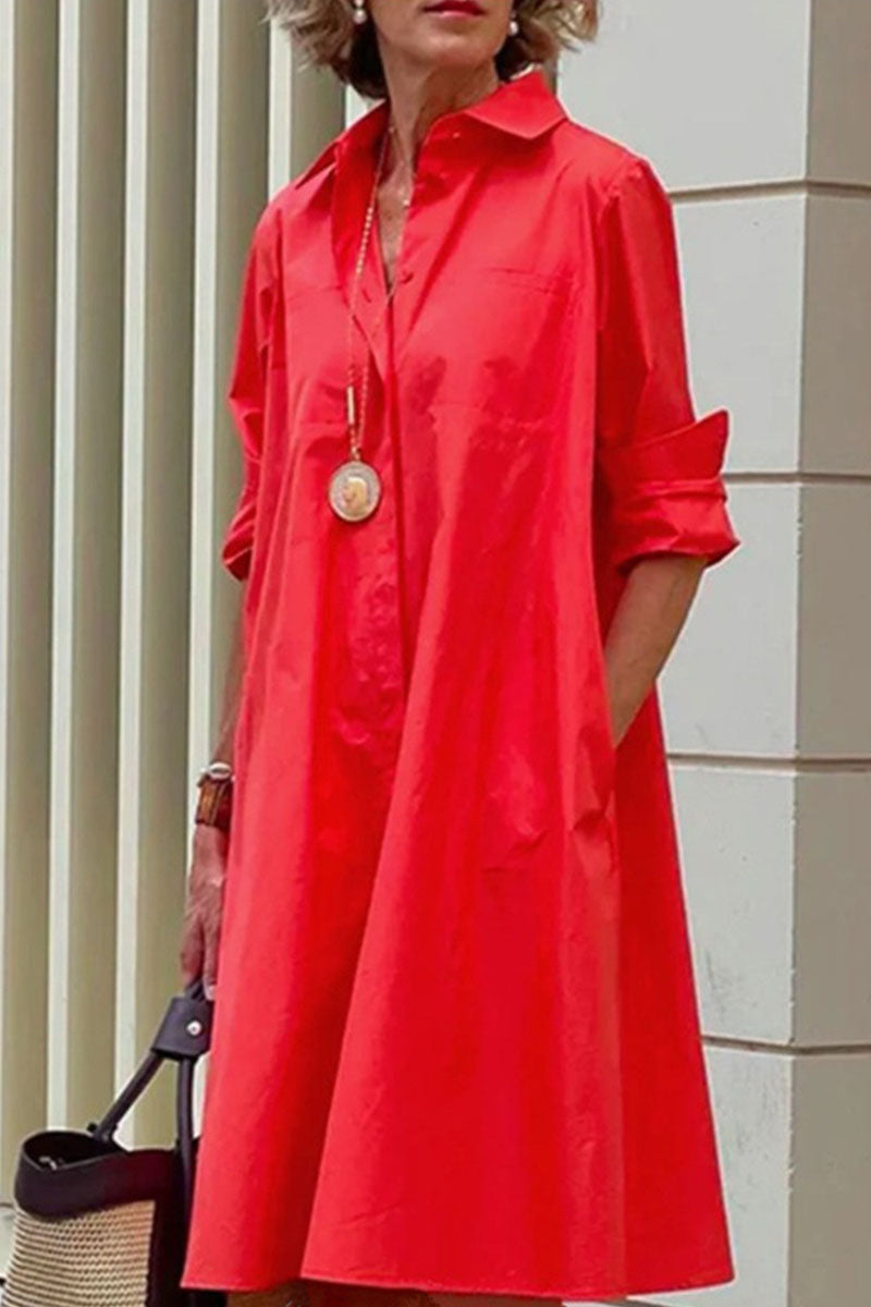 Casual Print Polka Dot Patchwork Buckle Turndown Collar Shirt Dress Dresses(16 Colors)