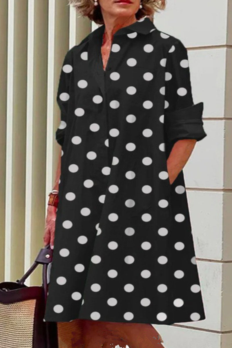 Casual Print Polka Dot Patchwork Buckle Turndown Collar Shirt Dress Dresses(16 Colors)