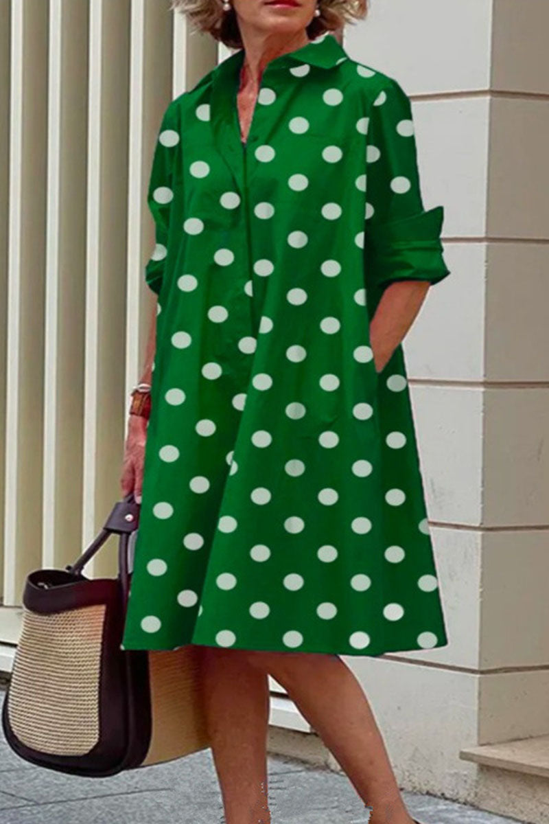 Casual Print Polka Dot Patchwork Buckle Turndown Collar Shirt Dress Dresses(16 Colors)