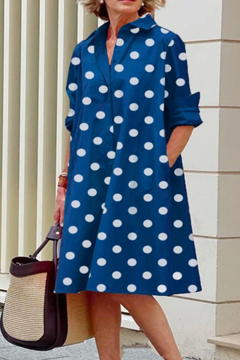 Casual Print Polka Dot Patchwork Buckle Turndown Collar Shirt Dress Dresses(16 Colors)