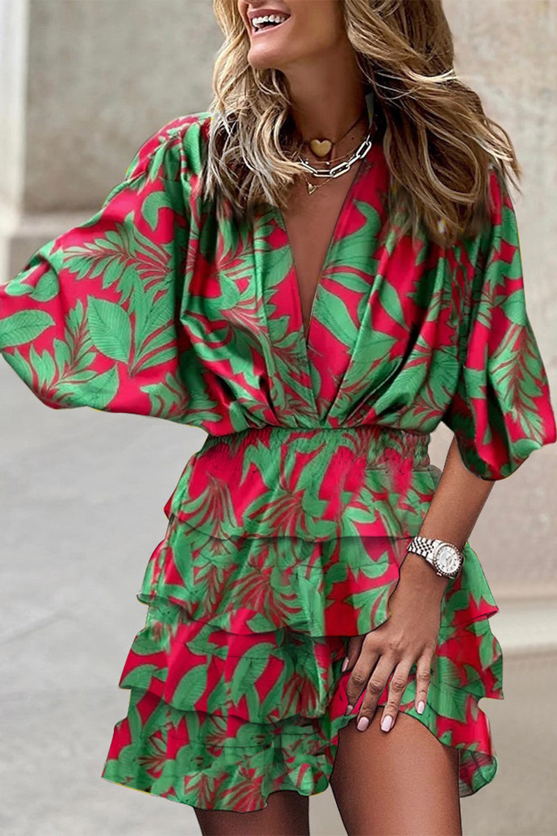 Sweet Elegant Floral Patchwork V Neck Cake Skirt Dresses(7 Colors)
