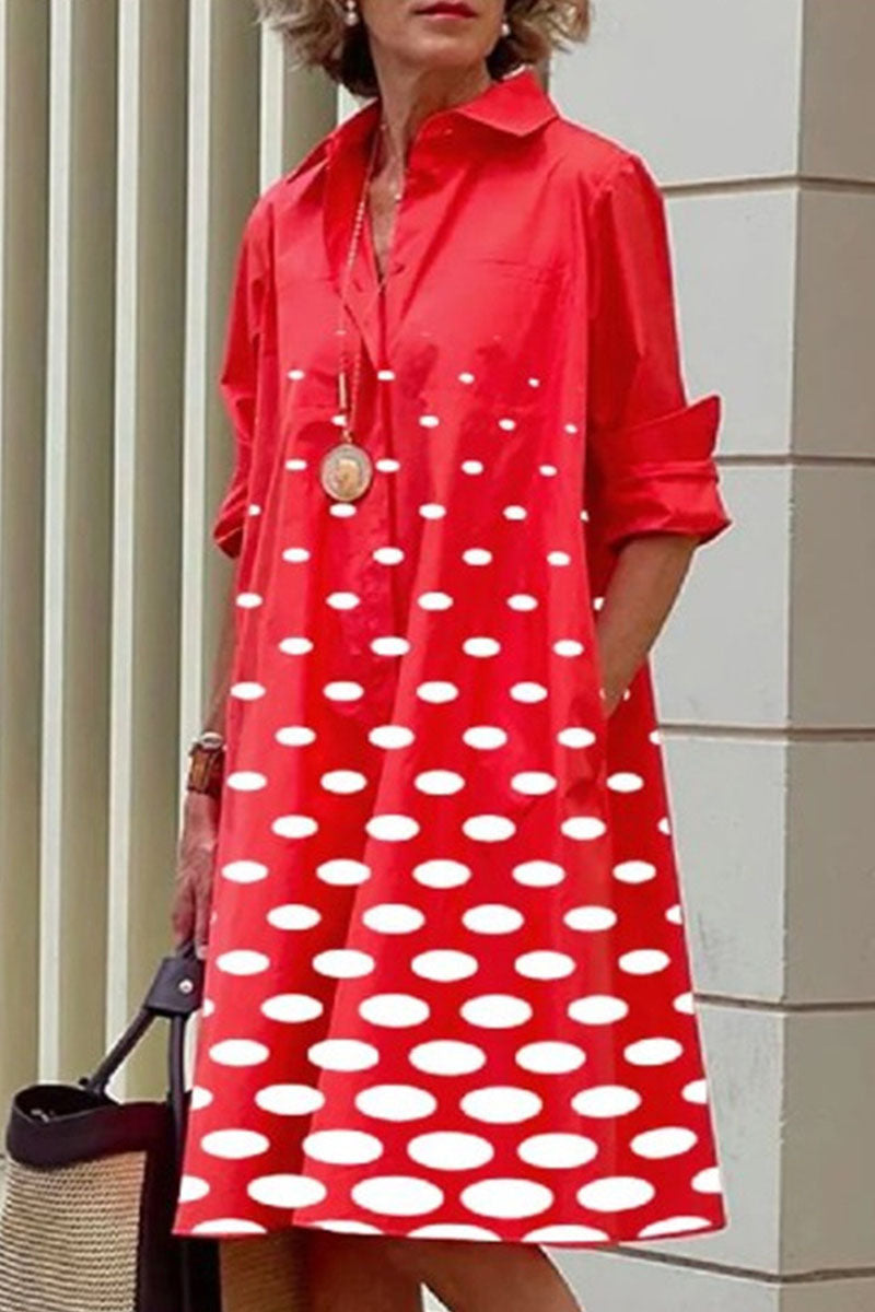 Casual Print Polka Dot Patchwork Buckle Turndown Collar Shirt Dress Dresses(16 Colors)