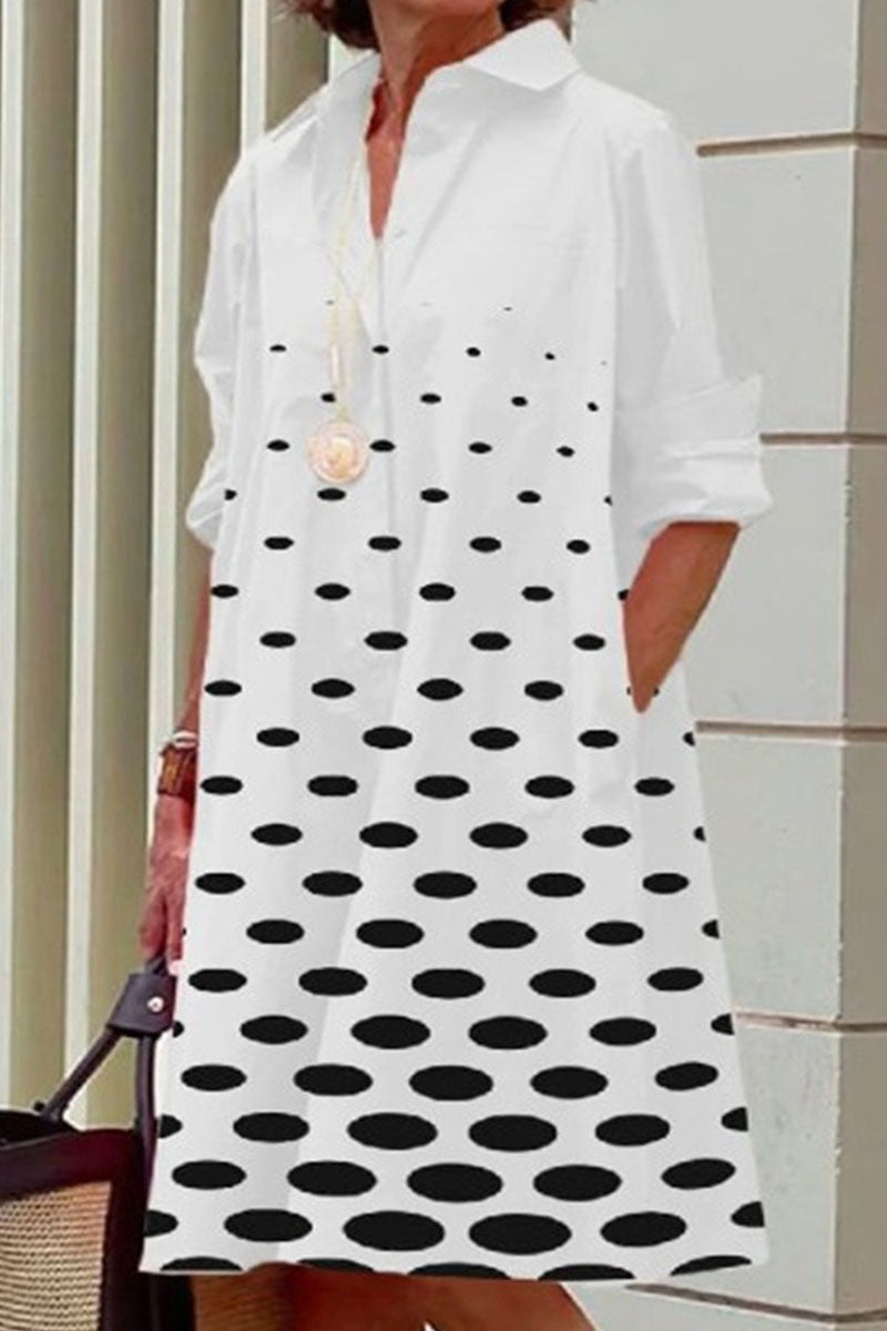 Casual Print Polka Dot Patchwork Buckle Turndown Collar Shirt Dress Dresses(16 Colors)
