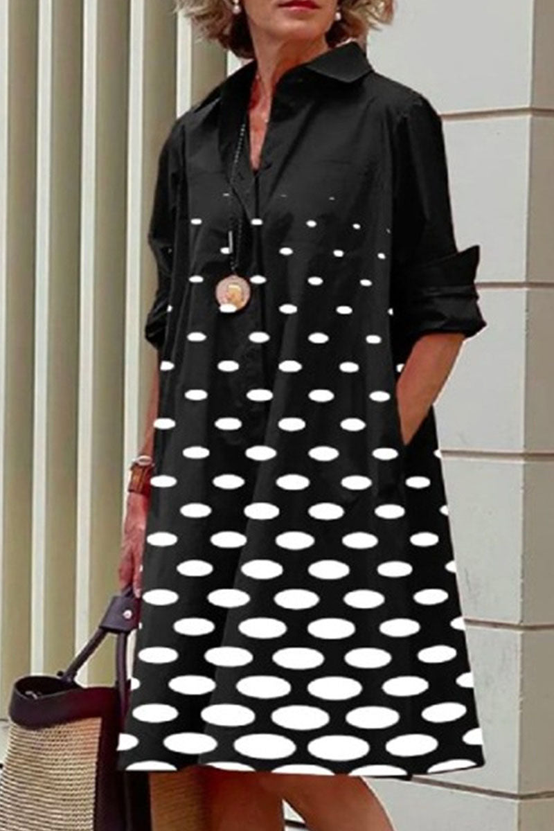 Casual Print Polka Dot Patchwork Buckle Turndown Collar Shirt Dress Dresses(16 Colors)