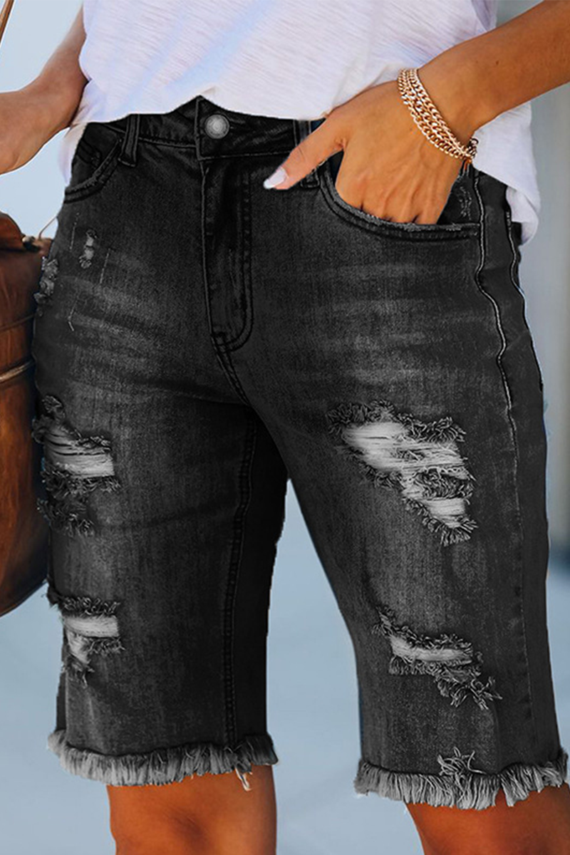 Casual Solid Ripped High Waist Straight Denim Shorts(3 Colors)