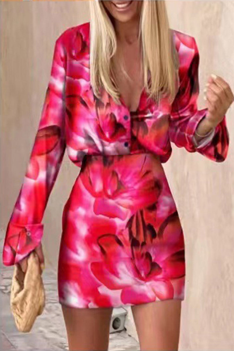 British Style Elegant Print Patchwork Buttons V Neck Long Sleeve Two Pieces