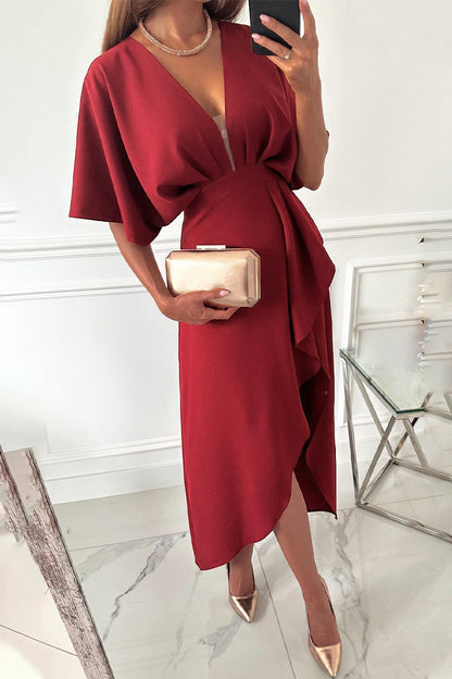 Elegant Solid Asymmetrical V Neck Irregular Dress Dresses