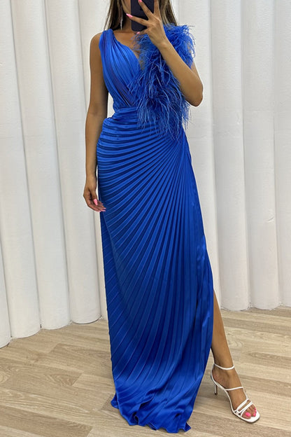 Sexy Solid Patchwork Pleated V Neck Long Dress Dresses