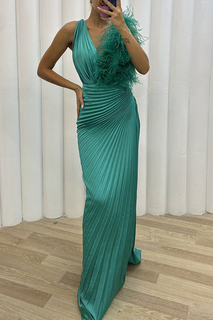 Sexy Solid Patchwork Pleated V Neck Long Dress Dresses
