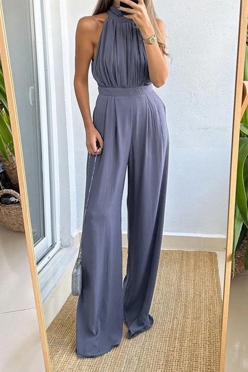 Casual Simplicity Solid Fold Halter Loose Jumpsuits