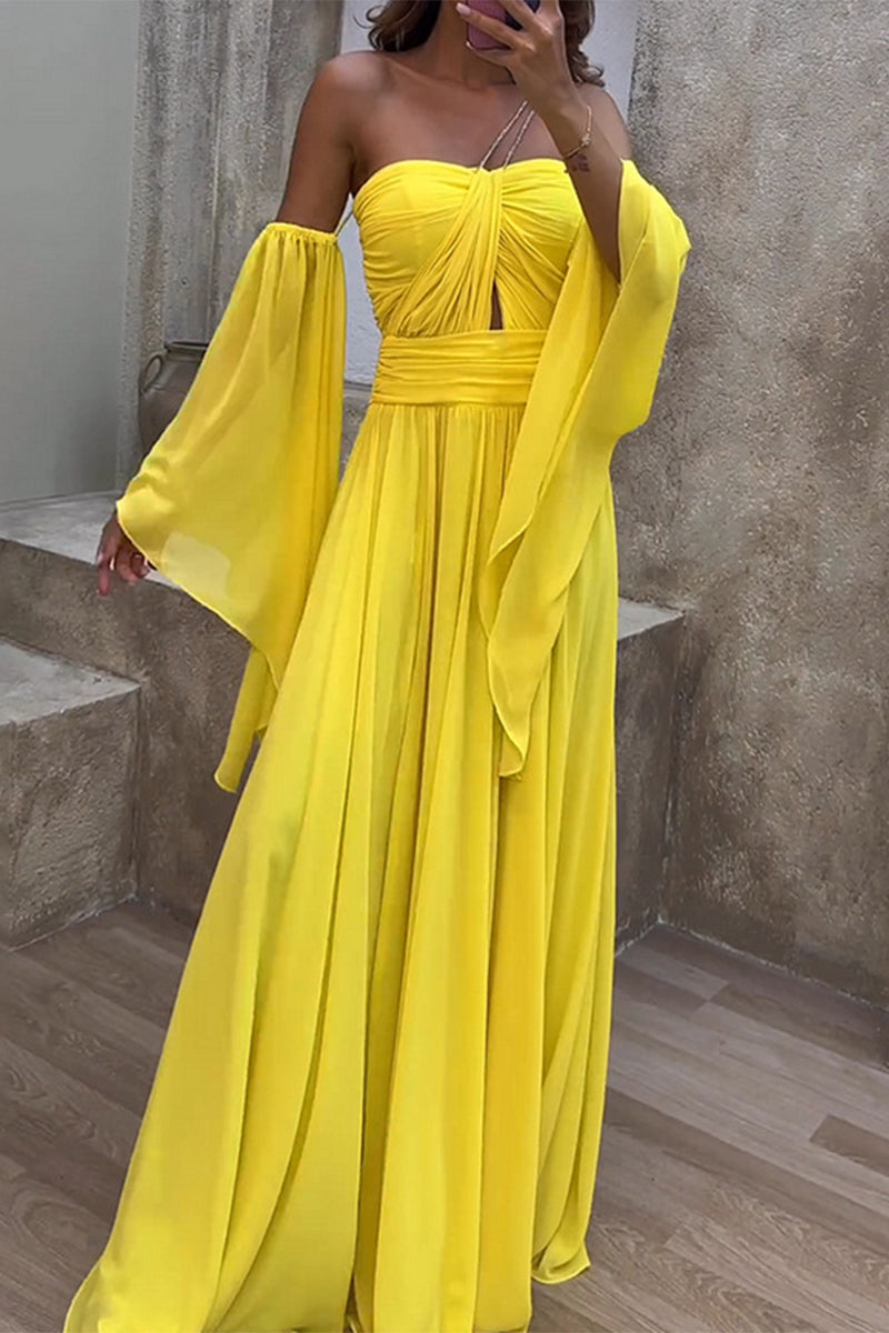 Elegant Solid Slit Asymmetrical Off the Shoulder A Line Dresses