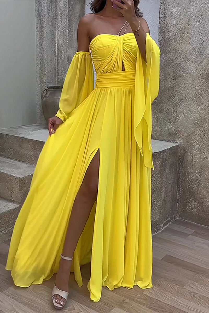 Elegant Solid Slit Asymmetrical Off the Shoulder A Line Dresses