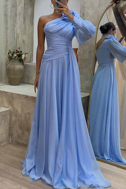 Elegant Solid Fold Oblique Collar Evening Dress Dresses