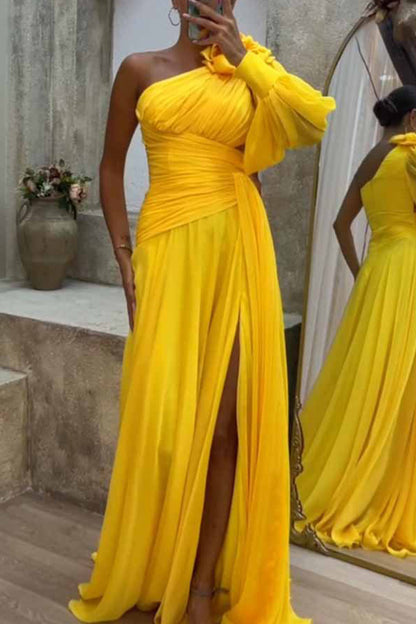 Elegant Solid Fold Oblique Collar Evening Dress Dresses