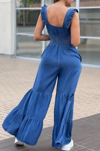 Casual Solid Flounce Square Collar Loose Jumpsuits