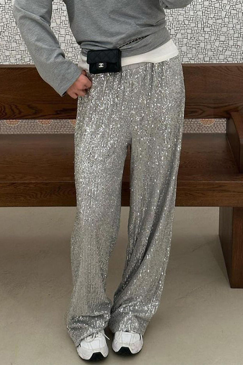 Casual Solid Sequins Loose Straight Solid Color Bottoms