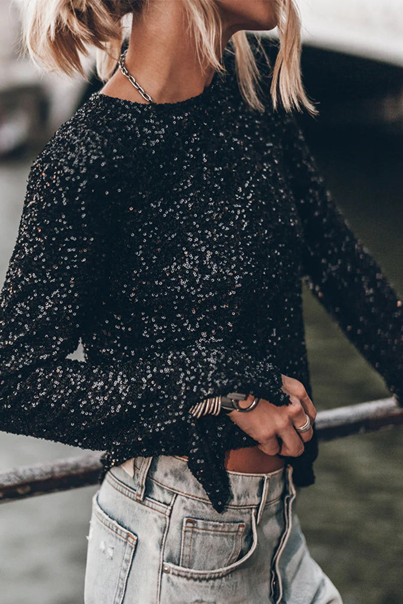 Casual Solid Sequins Sequined O Neck Tops