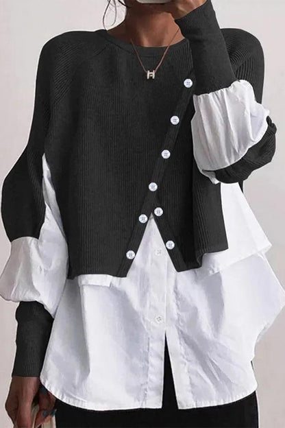 Casual Solid Patchwork Buttons O Neck Blouses(6 Colors)