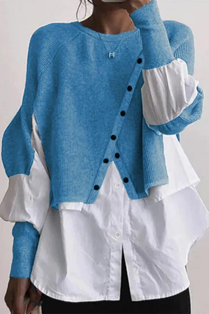 Casual Solid Patchwork Buttons O Neck Blouses(6 Colors)