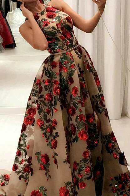 Elegant Solid Sequins Slit O Neck Evening Dress Dresses