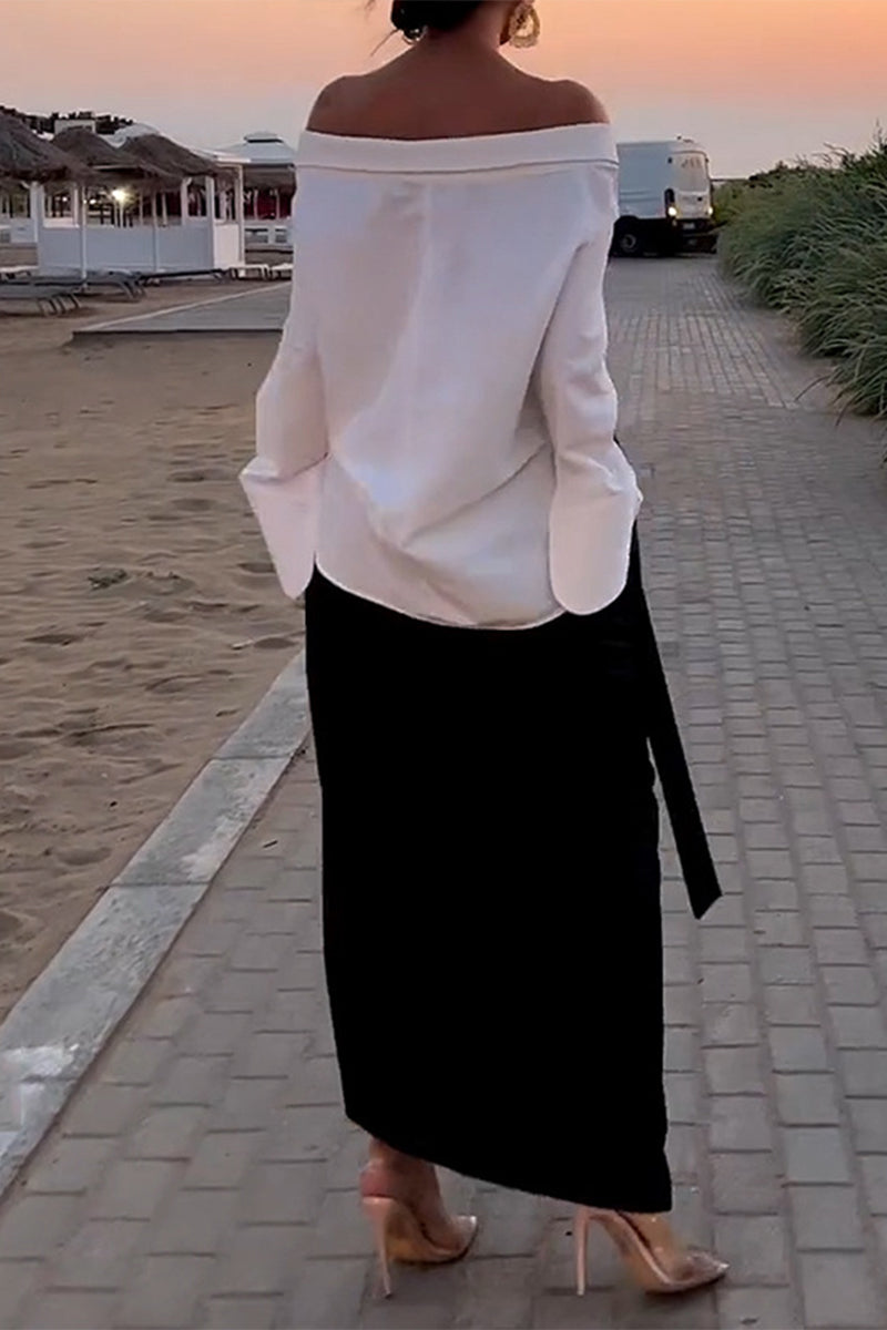 Elegant Solid Backless Slit Off the Shoulder Long Sleeve Two Pieces