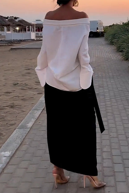 Elegant Solid Backless Slit Off the Shoulder Long Sleeve Two Pieces