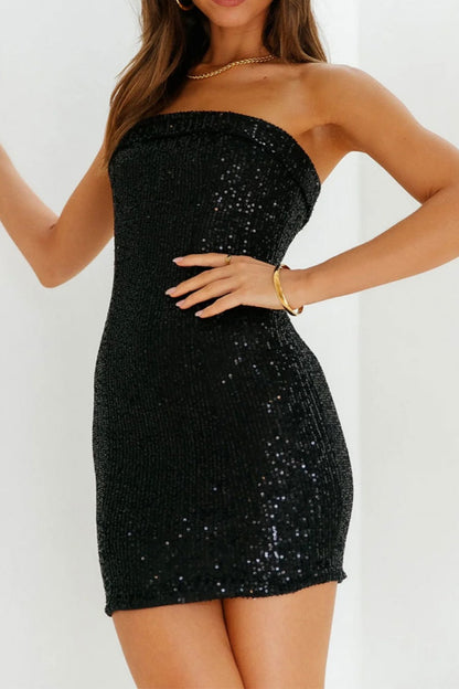 Sexy Solid Sequins Patchwork Backless Strapless Wrapped Skirt Dresses