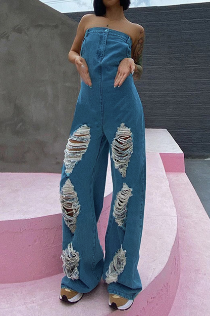 Sexy Street Solid Ripped Strapless Regular Jumpsuits