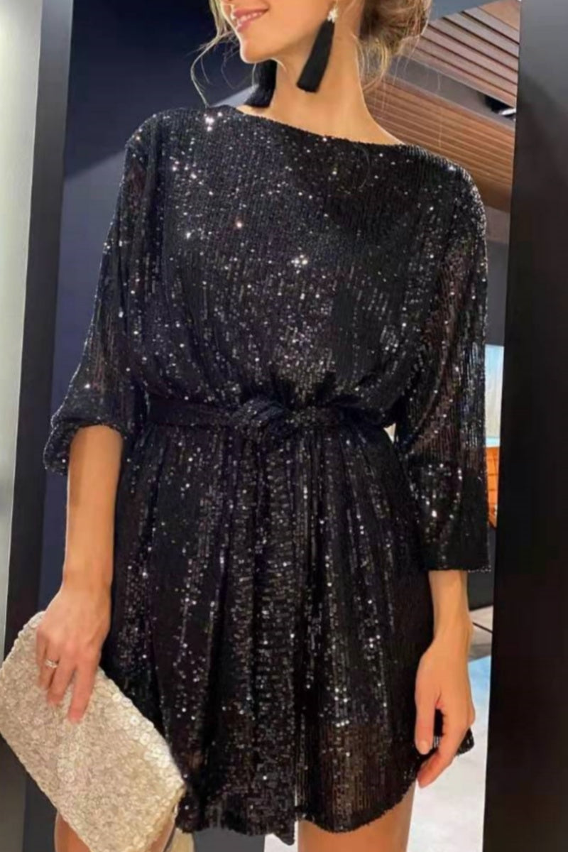Casual Patchwork Sequins O Neck Long Sleeve Dresses