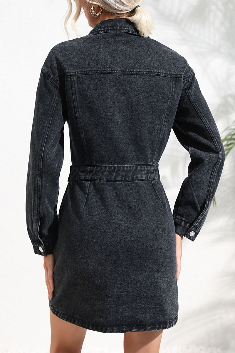 Casual Solid Pocket Buttons Turndown Collar Long Sleeve Straight Denim Dresses