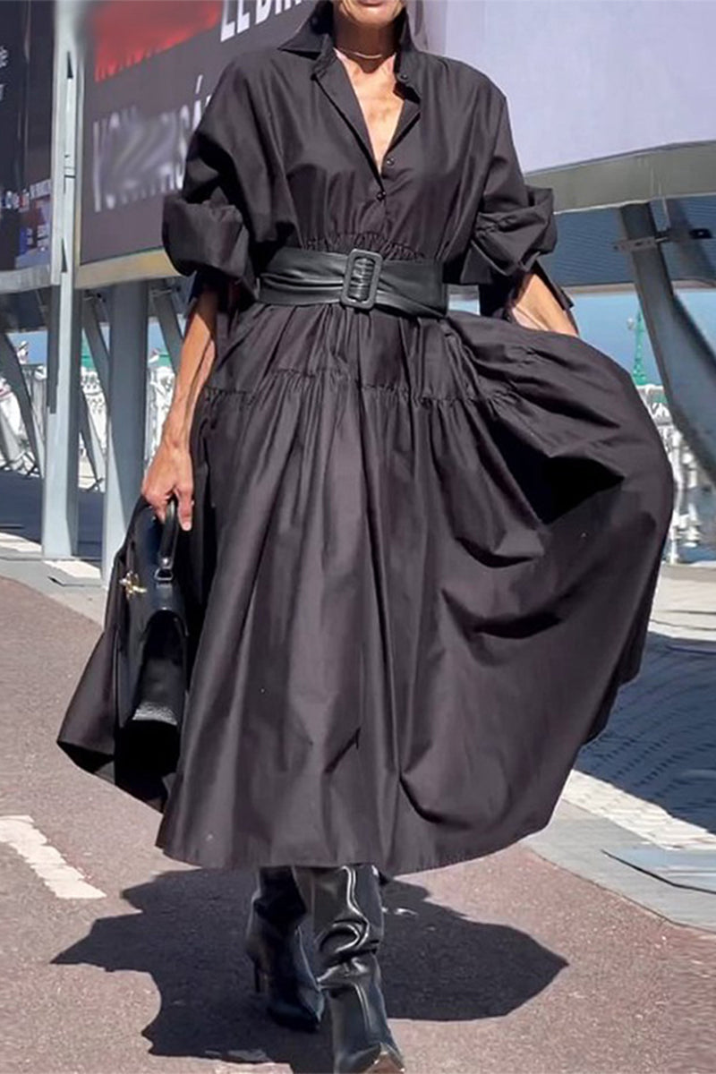 Casual Solid Fold With Belt Turndown Collar Long Sleeve Dresses(No Belt)